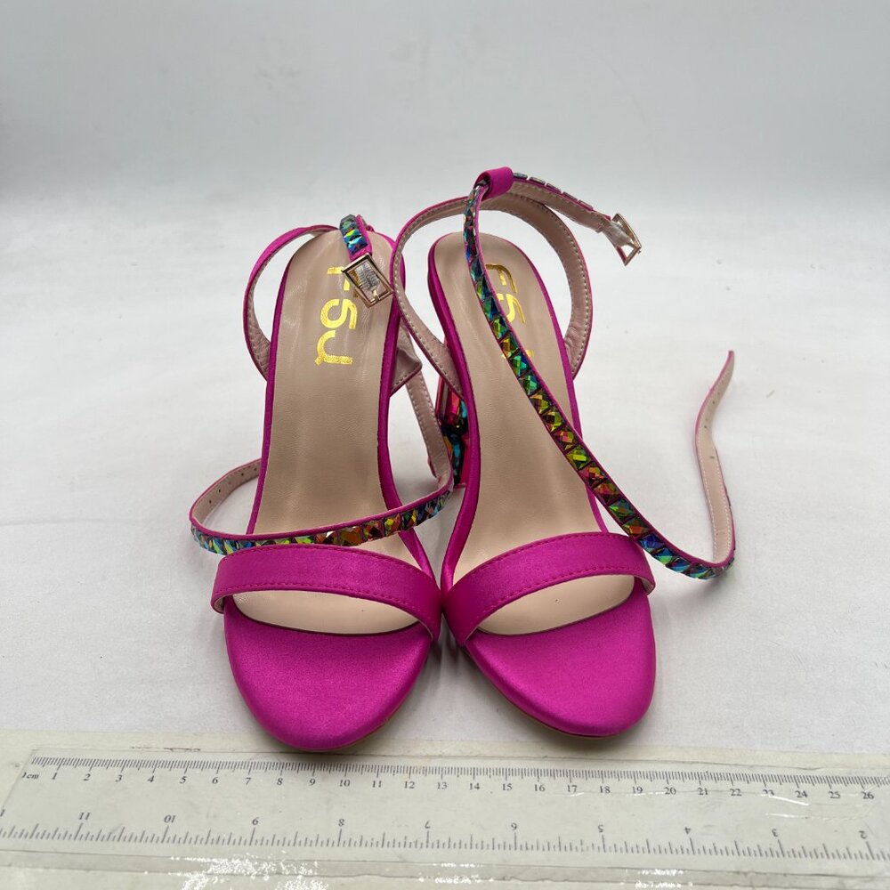 FSJ Fuchsia Satin Evening Shoes Ankle Strap Crystal Block Heel Sandals - Picture 3 of 8